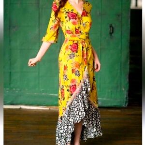 Farm Rio Maxi Wrap Dress in a Yellow and Rose Print 🌹